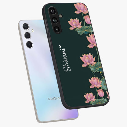 Lotus Bloom Serenity Custom Name Glass Case displayed in angled mockup highlighting graceful lotus illustration with custom name feature.