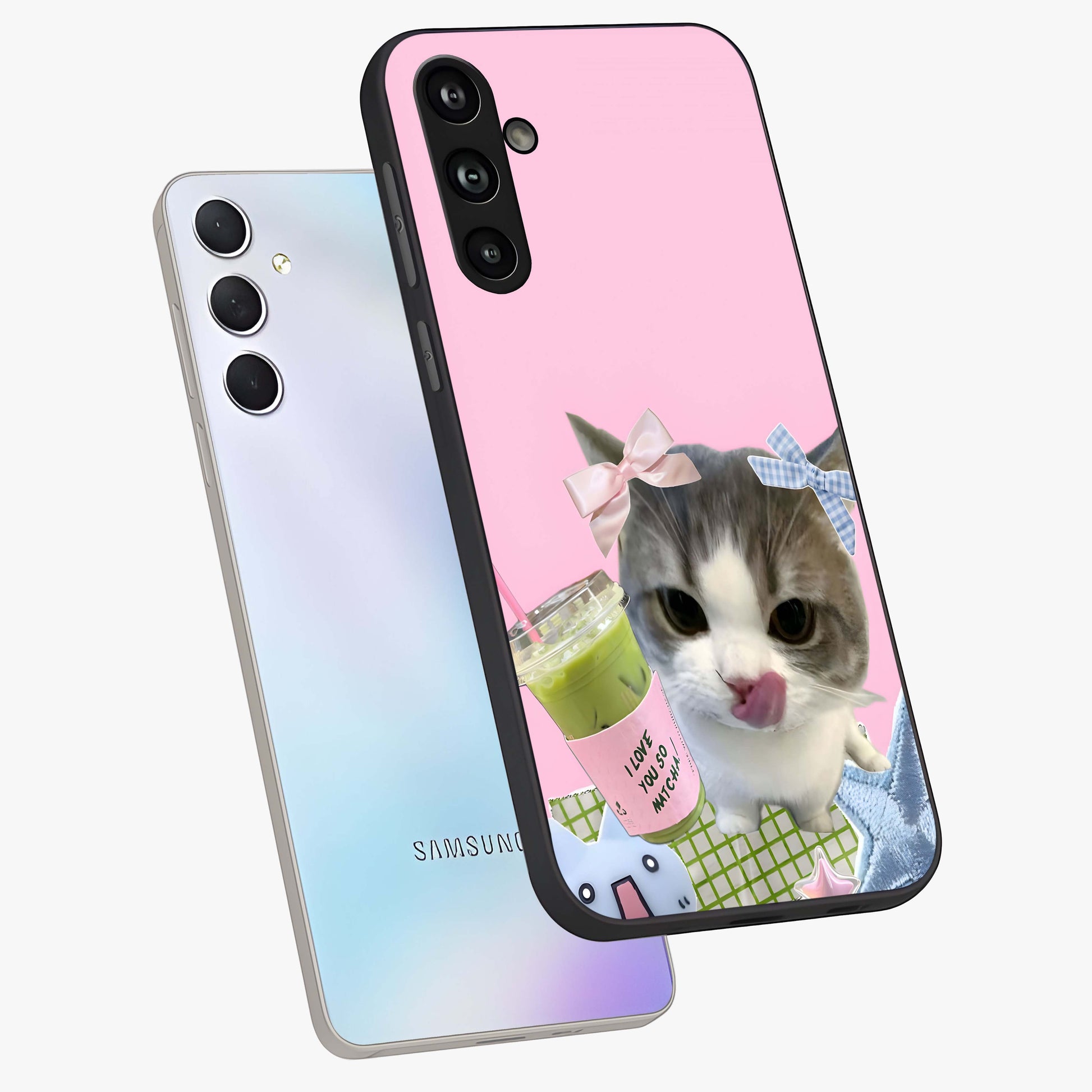 Love Matcha Cat Glass Case displayed in angled mockup highlighting playful feline illustration with cozy matcha aesthetic.