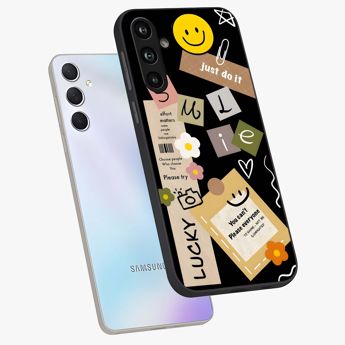 Lucky Aesthetic Collage Glass Case displayed in angled mockup highlighting stylish collage pattern with modern aesthetic vibe.