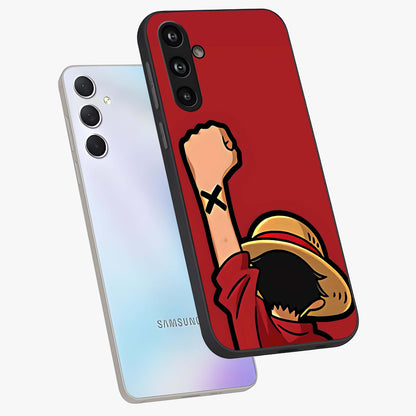 Luffy X Spirit Glass Case displayed in angled mockup highlighting powerful anime design with energetic action aesthetic.