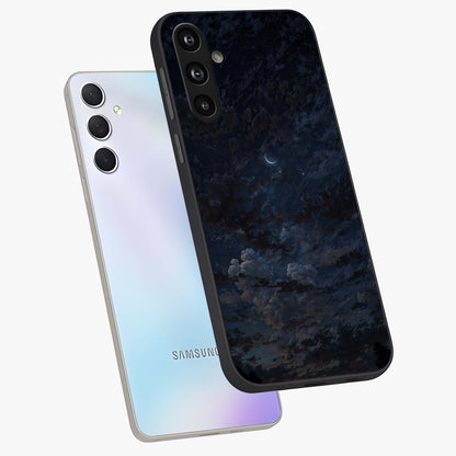 Lunar Veil Silence Glass Case displayed in angled mockup highlighting soft lunar design with peaceful celestial aesthetic.