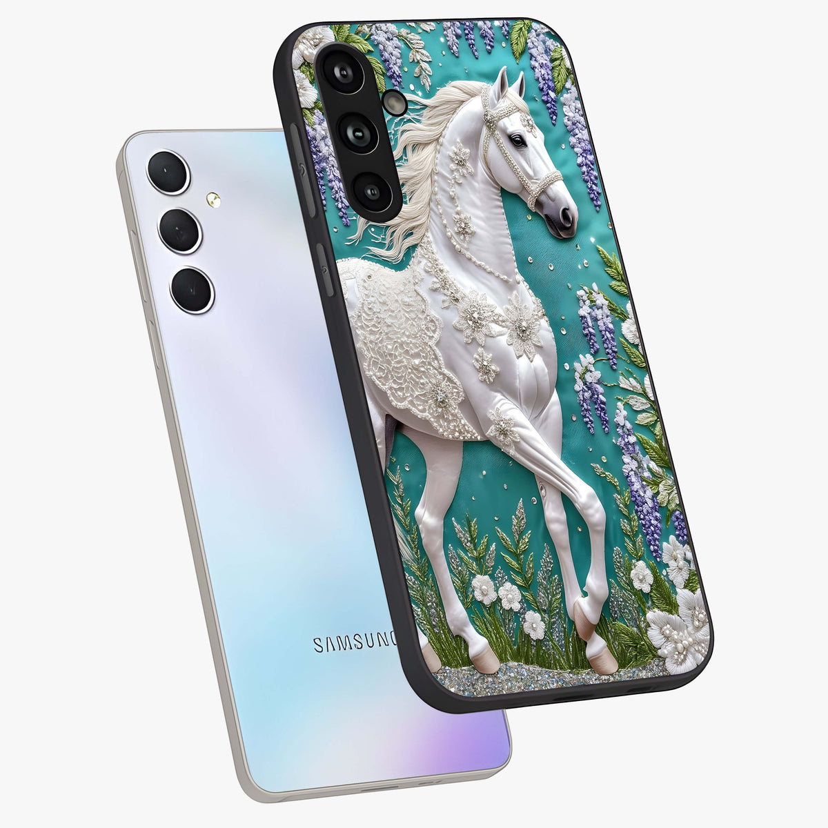 Majestic Floral Stallion Glass Case displayed in angled mockup highlighting majestic stallion illustration with elegant floral aesthetic.