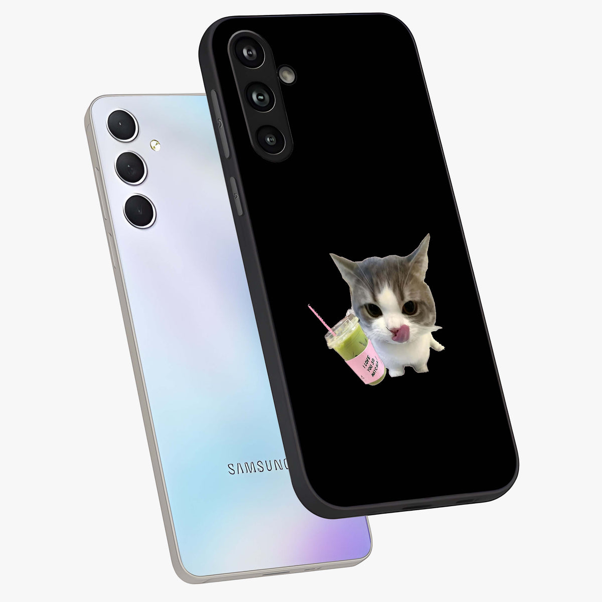 Matcha Cat Style Glass Case displayed in angled mockup highlighting playful feline design with pastel matcha aesthetic.