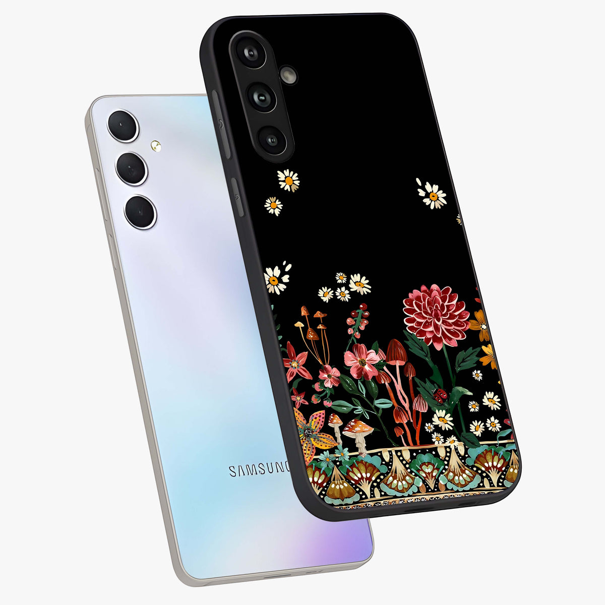 Midnight Bloom Pattern Glass Case displayed in angled mockup highlighting elegant flower design with midnight aesthetic style.