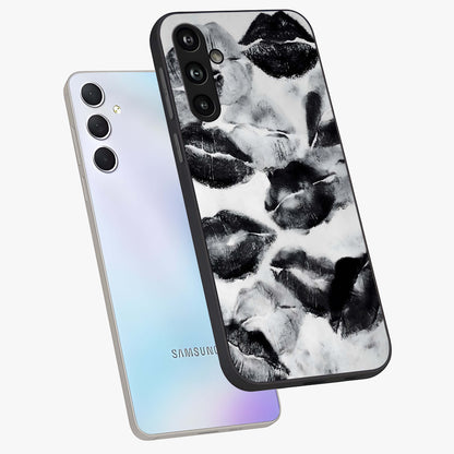 Midnight Kiss Marks Glass Case displayed in angled mockup highlighting playful romantic design with bold midnight aesthetic.