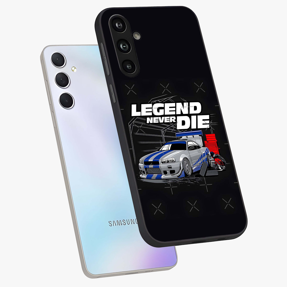 Midnight Racing Legacy Glass Case displayed in angled mockup highlighting dynamic automotive design with bold midnight aesthetic.