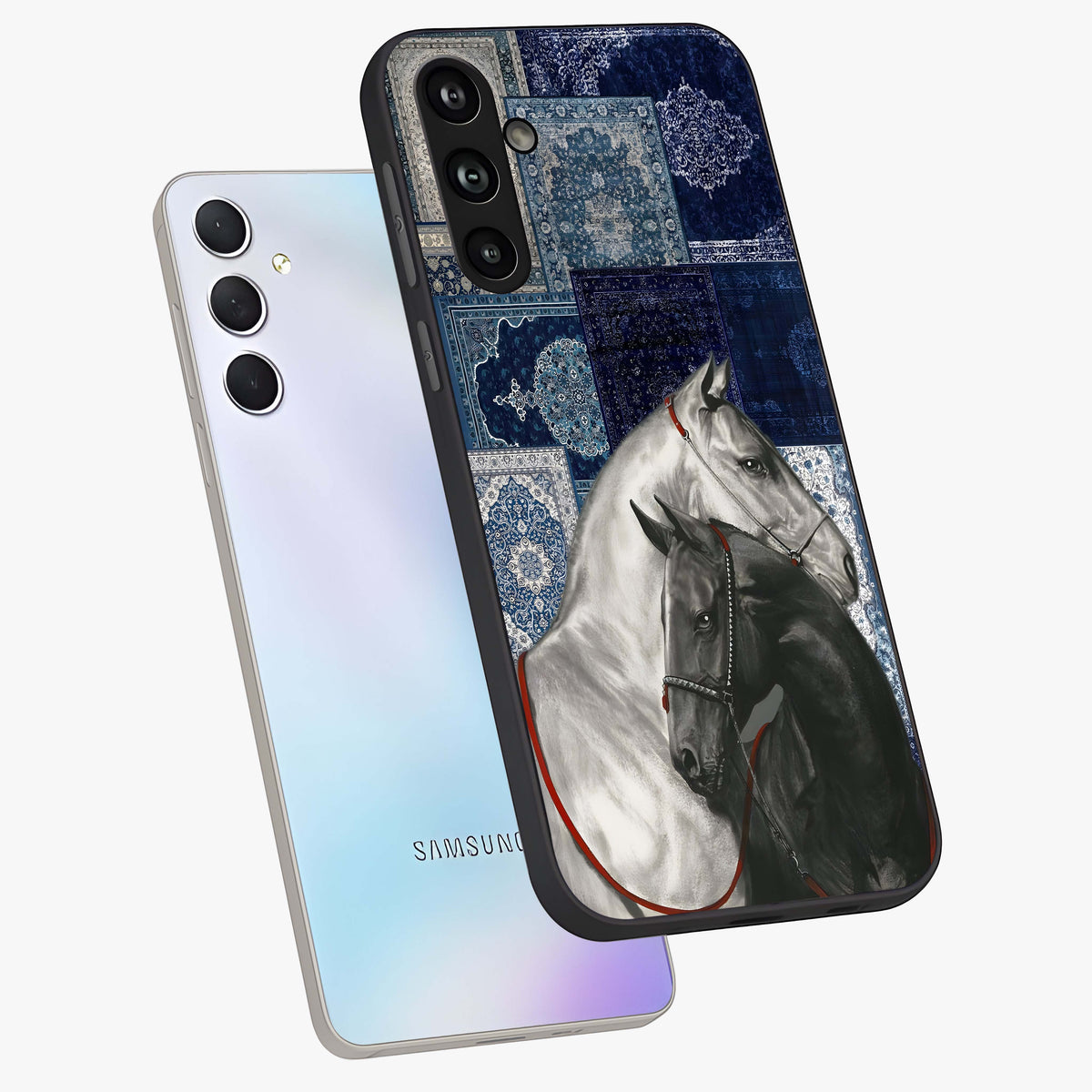 Midnight Stallion Blues Glass Case displayed in angled mockup highlighting powerful stallion illustration with deep midnight tones.