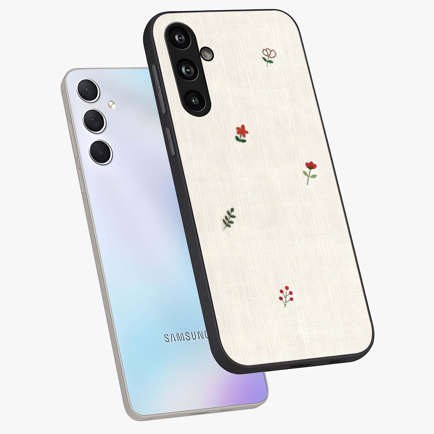 Minimalistic Blue With White Flower Pattern Glass Case displayed in angled mockup highlighting simple floral design with minimal aesthetic.
