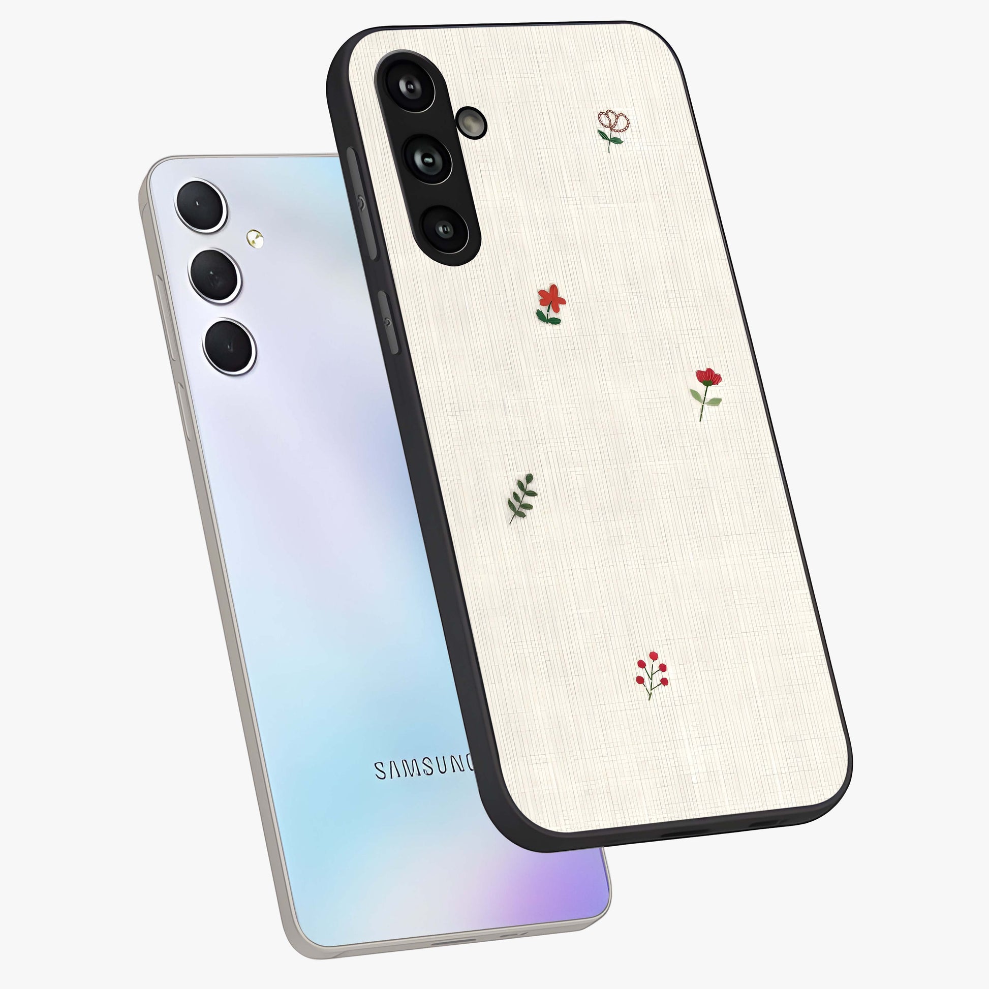 Minimalistic Blue With White Flower Pattern Glass Case displayed in angled mockup highlighting simple floral design with minimal aesthetic.