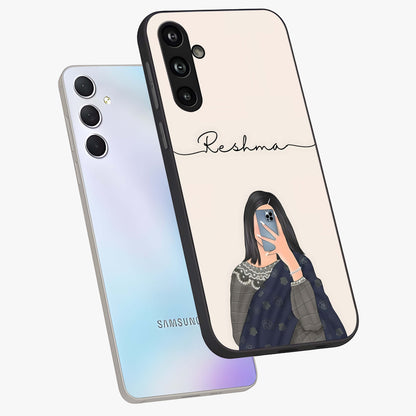 Mirror Mood Muse With Custom Name Glass Case displayed in angled mockup highlighting aesthetic mirror inspired design with custom name feature.