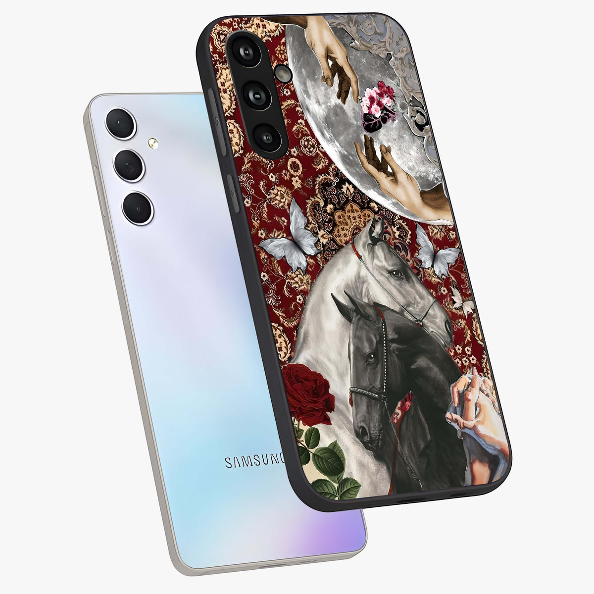 Moonlit Royal Stallion Glass Case displayed in angled mockup highlighting powerful stallion illustration with royal night aesthetic.