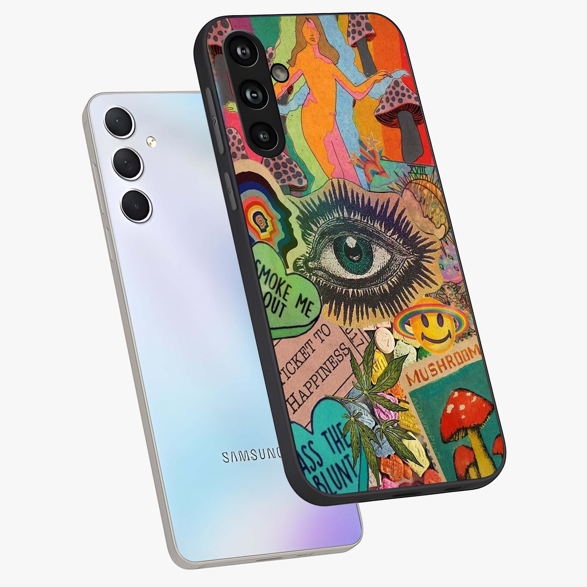 Mystic Eye Wonderland Glass Case displayed in angled mockup highlighting magical eye illustration with dreamy aesthetic.