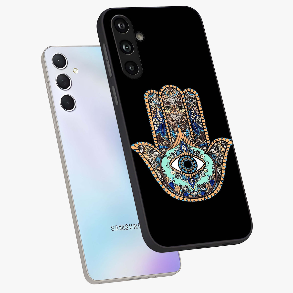 Mystic Hamsa Eye Glass Case displayed in angled mockup highlighting spiritual hamsa symbol with mystical aesthetic style.