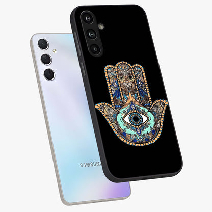 Mystic Hamsa Eye Glass Case displayed in angled mockup highlighting spiritual hamsa symbol with mystical aesthetic style.