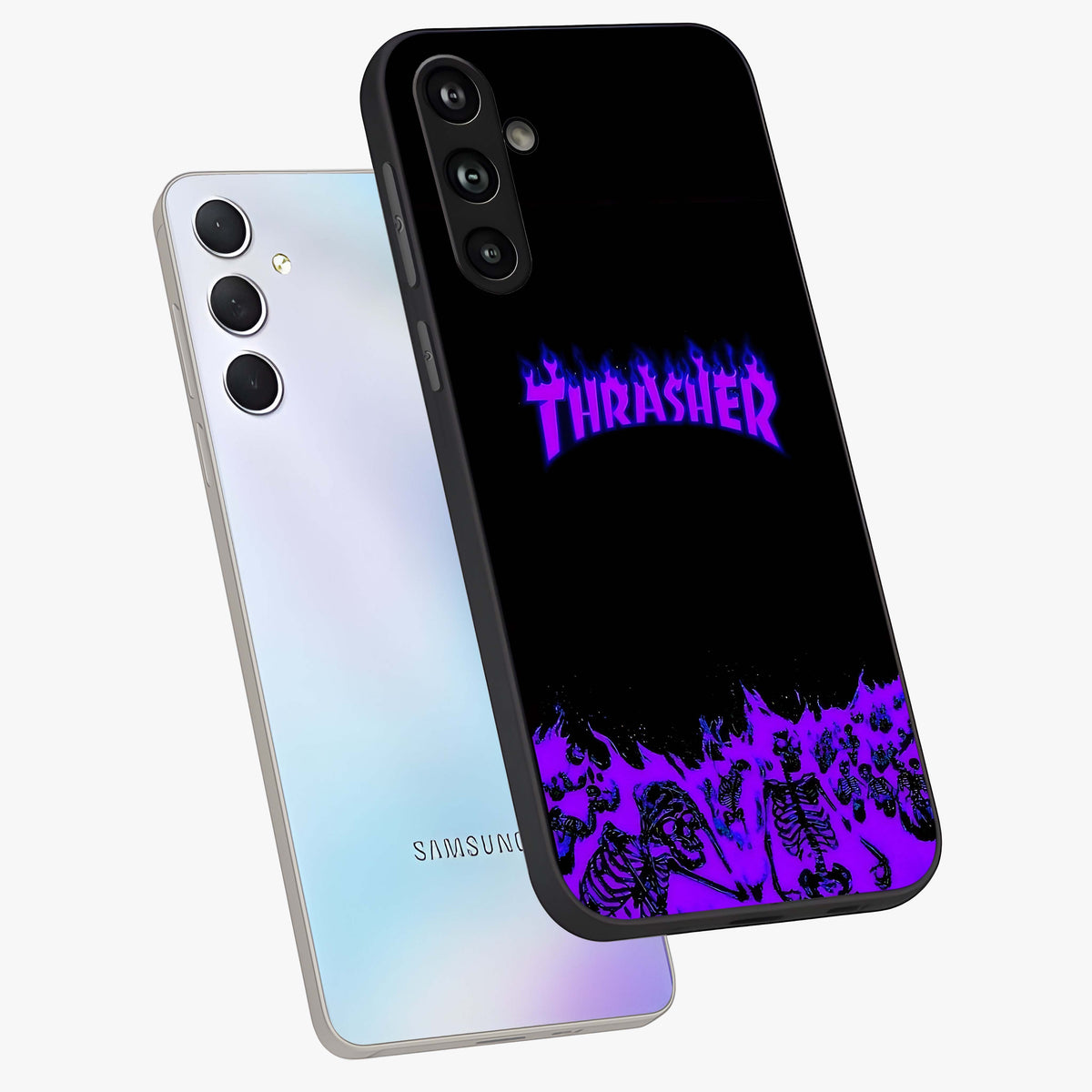 Neon Flame Riot Glass Case displayed in angled mockup highlighting glowing flame design with vibrant neon aesthetic.