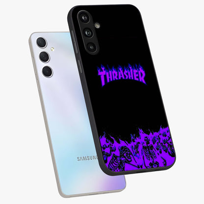 Neon Flame Riot Glass Case displayed in angled mockup highlighting glowing flame design with vibrant neon aesthetic.