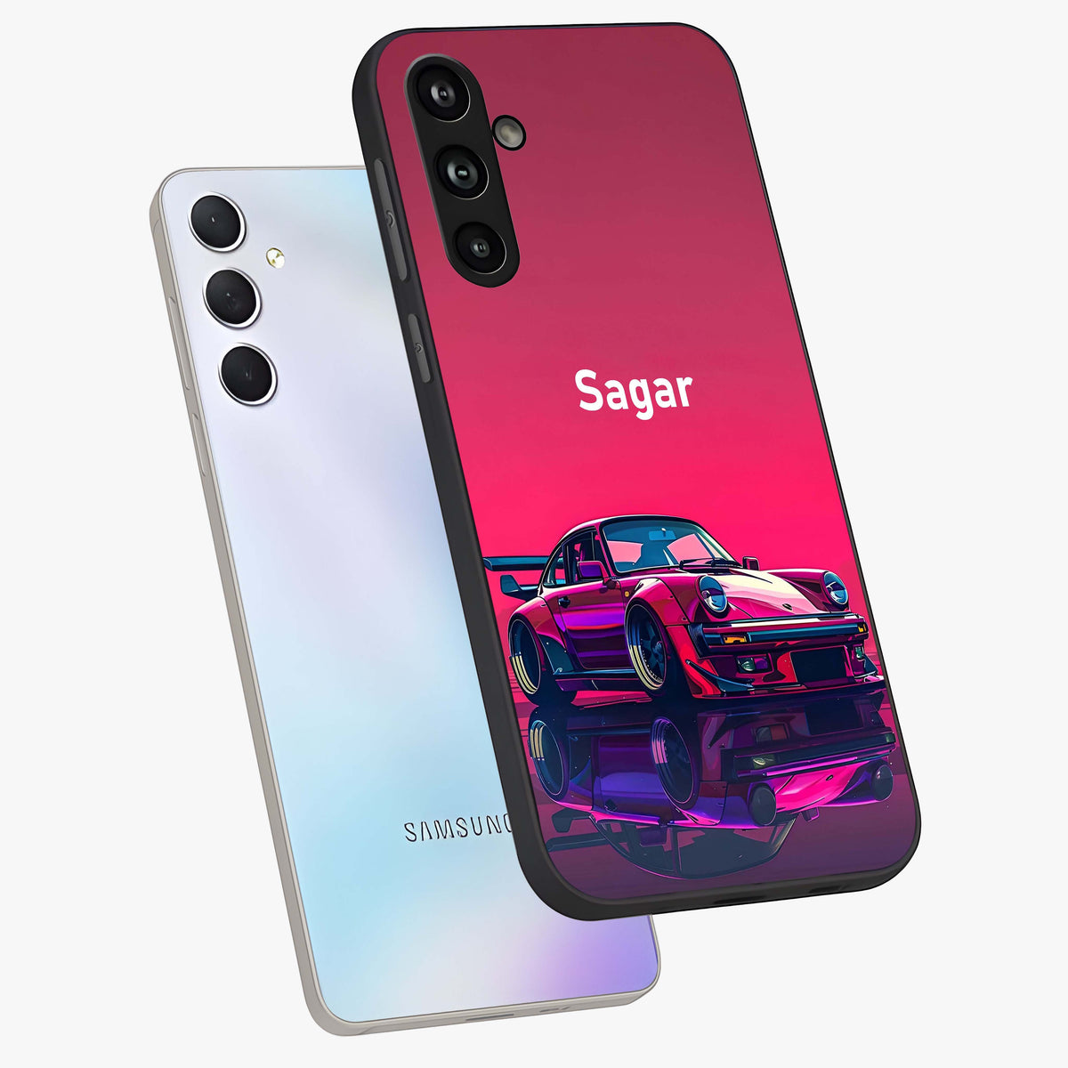 Neon Pink Porsche Glass Case displayed in angled mockup highlighting sleek neon pink car design with racing aesthetic.
