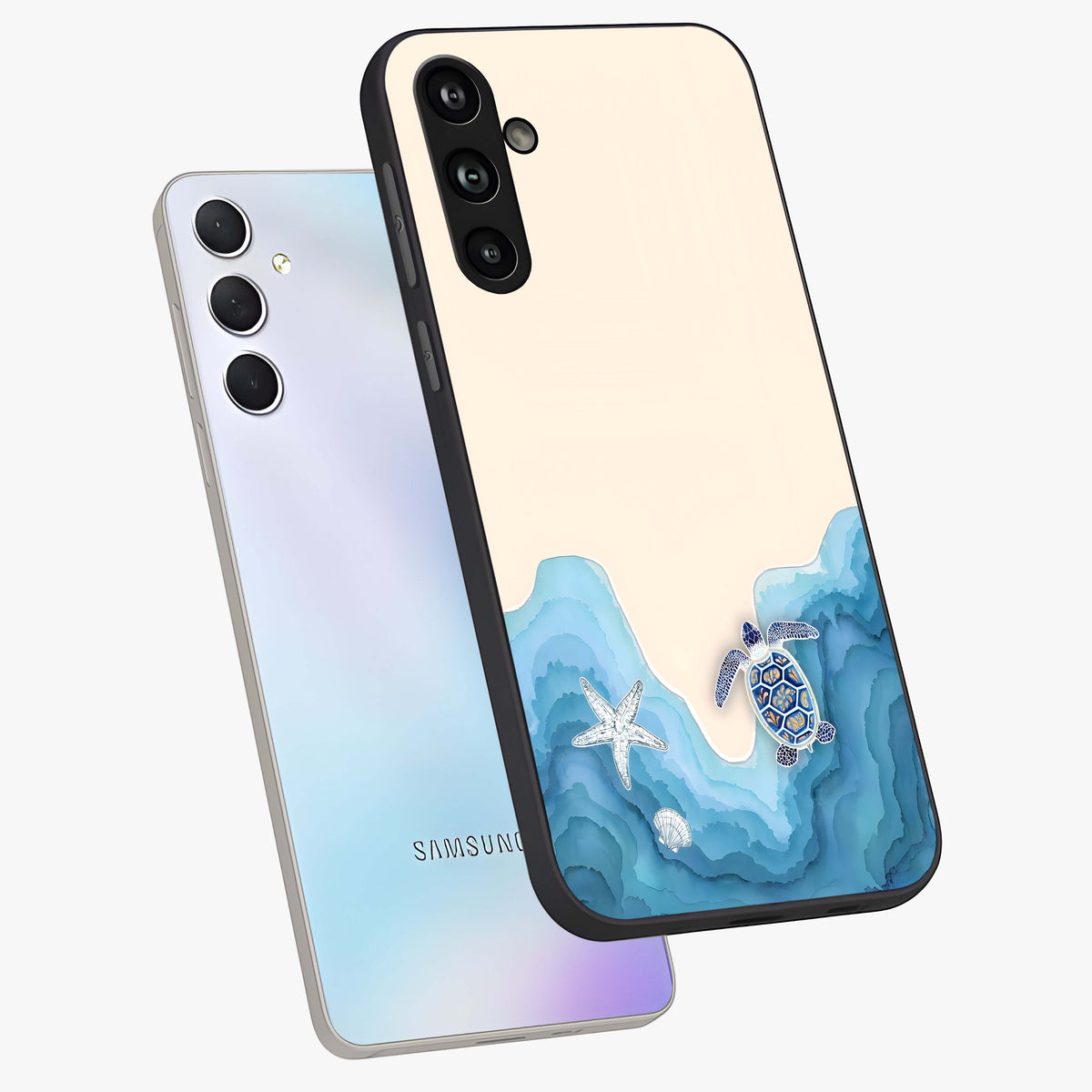 Ocean Drift Turtle Glass Case displayed in angled mockup highlighting peaceful ocean turtle illustration with marine aesthetic.