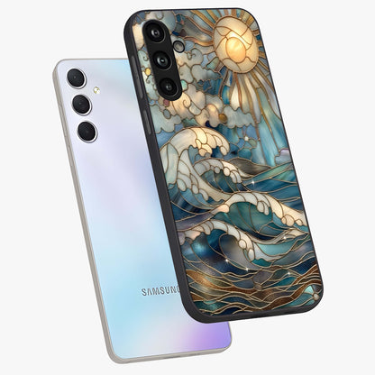 Oceanic Stained Printed Glass Case displayed in angled mockup highlighting colorful aquatic design with artistic aesthetic style.