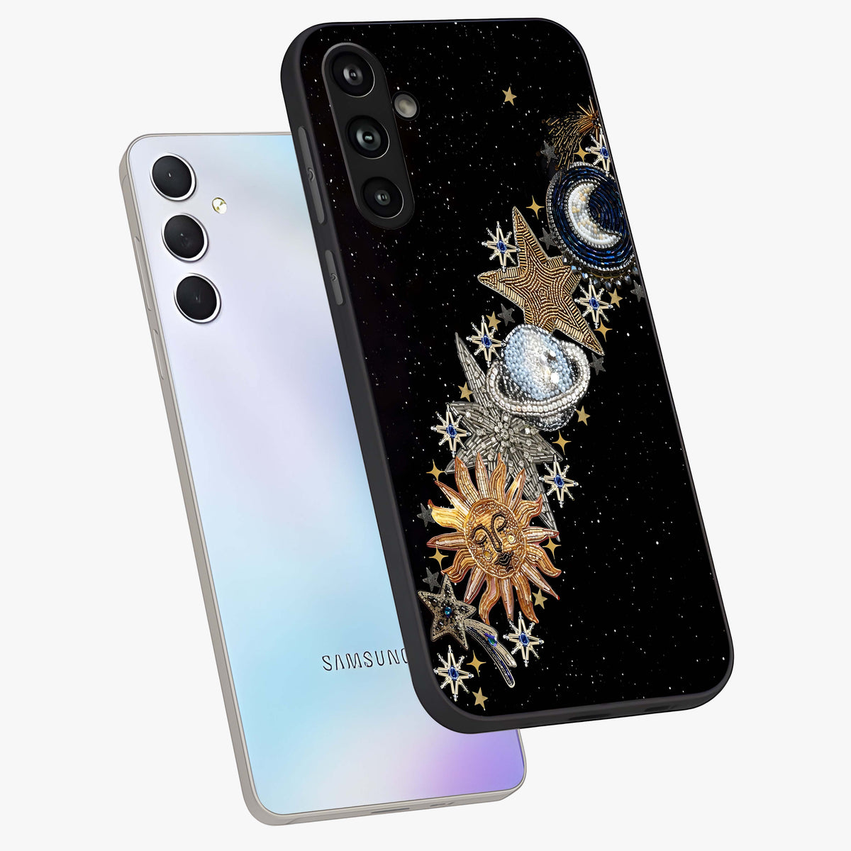 Pearls Universe Object Glass Case displayed in angled mockup highlighting celestial pearl design with dreamy aesthetic.