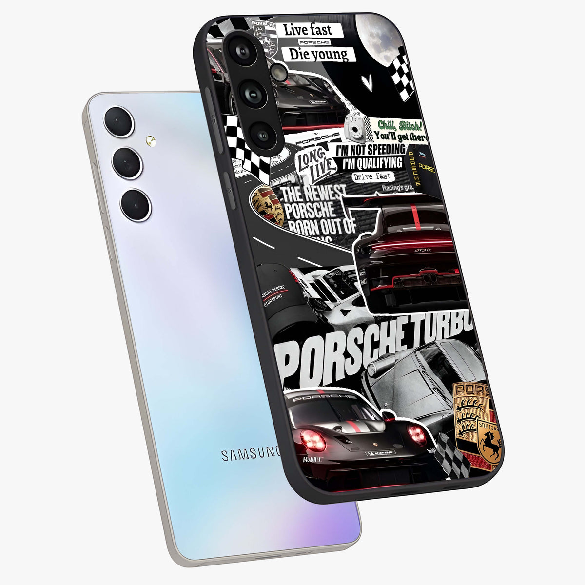 Porsche Racing Collage Glass Case displayed in angled mockup highlighting dynamic automotive design with bold racing aesthetic.