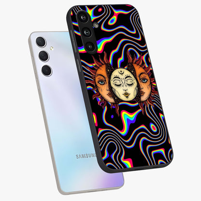Psychedelic Sun Glass Case displayed in angled mockup highlighting vibrant abstract sun design with artistic aesthetic style.