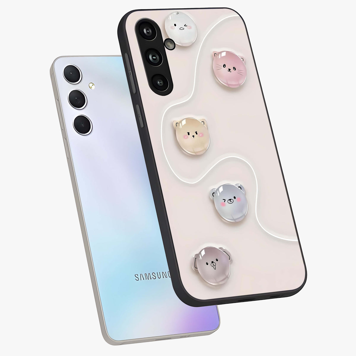 Puffy Face Parade Glass Case displayed in angled mockup highlighting playful cartoon face design with fun aesthetic.