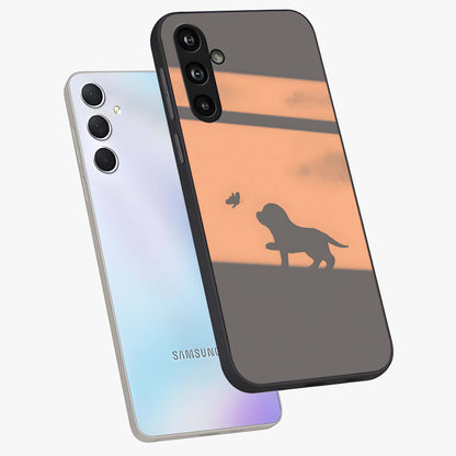 Puppy Shadow Art Glass Case displayed in angled mockup highlighting playful dog illustration with artistic shadow aesthetic.