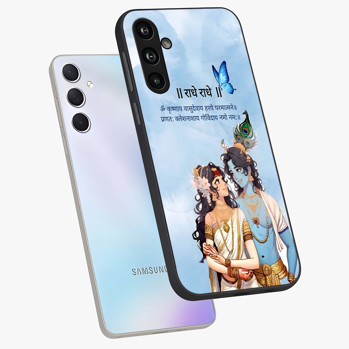 Radha Krishna Eternal Glass Case displayed in angled mockup highlighting divine Radha Krishna illustration with spiritual aesthetic.