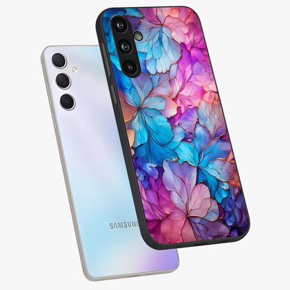 Radiant Floral Whirl Glass Case displayed in angled mockup highlighting vibrant flower pattern with dynamic artistic aesthetic.