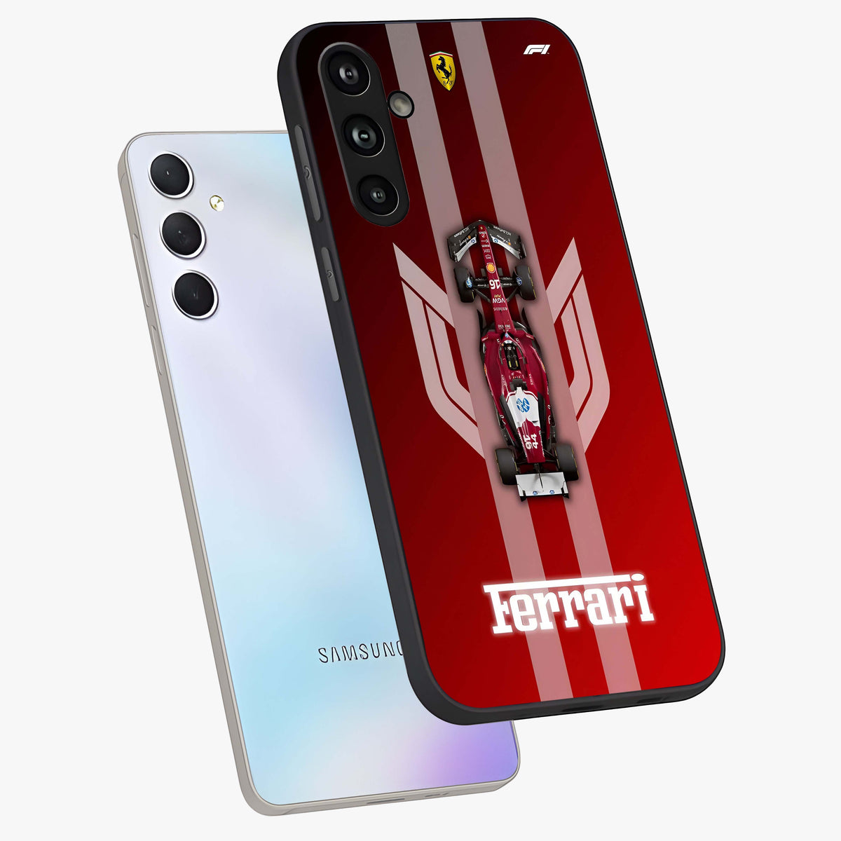 Red Ferrari F1 Vertical Glass Case displayed in angled mockup highlighting high speed racing design with bold automotive aesthetic.