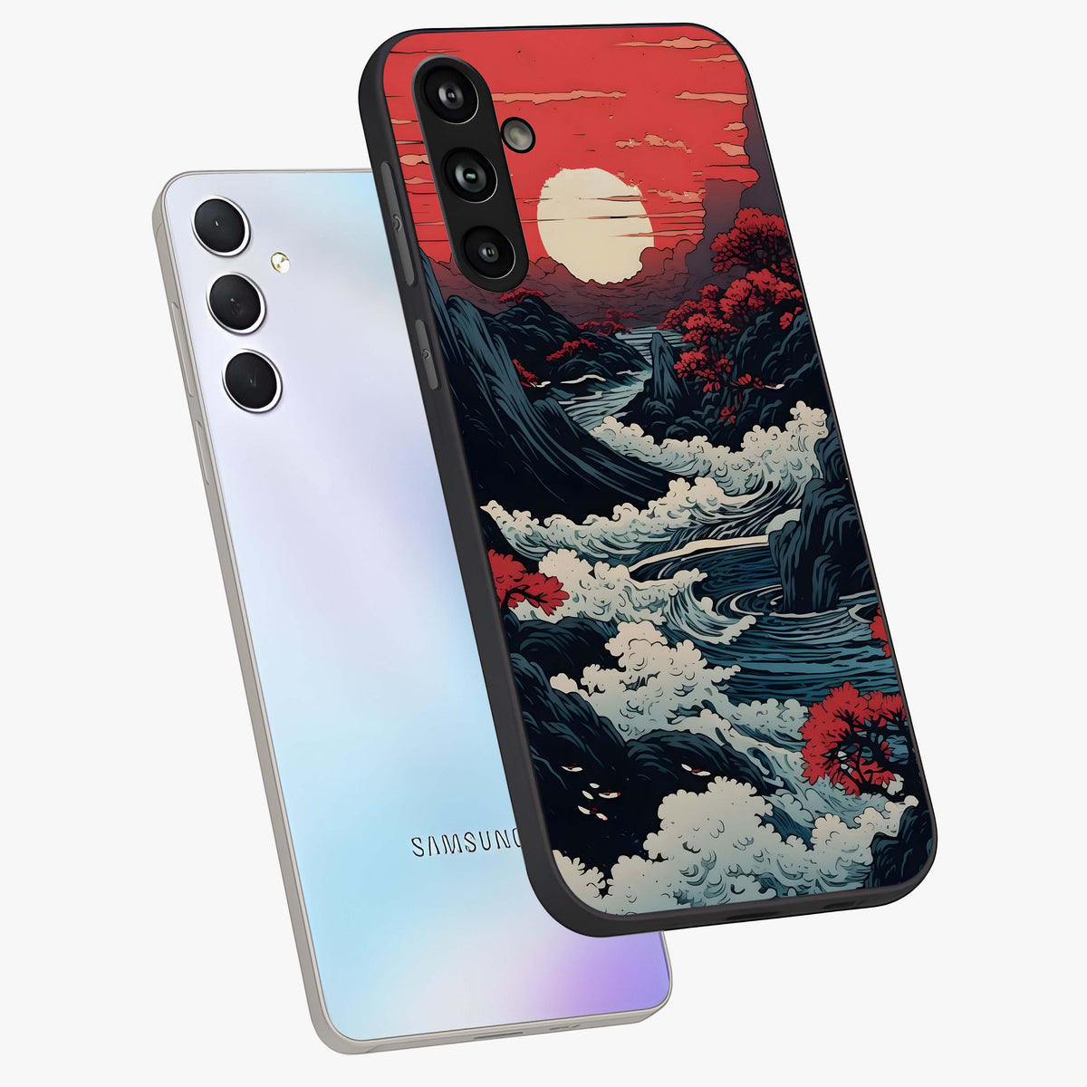 Red Sunset Scenery Glass Case displayed in angled mockup highlighting glowing sunset sky design with scenic aesthetic.