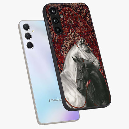 Regal Stallion Tapestry Glass Case displayed in angled mockup highlighting royal stallion design with decorative heritage aesthetic.