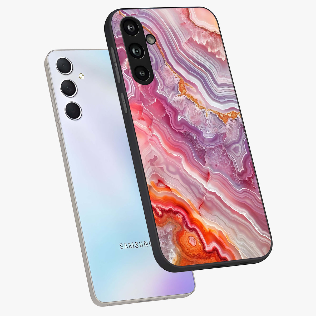 Rose Quartz Marble Glass Case displayed in angled mockup highlighting elegant marble pattern with soft aesthetic style.