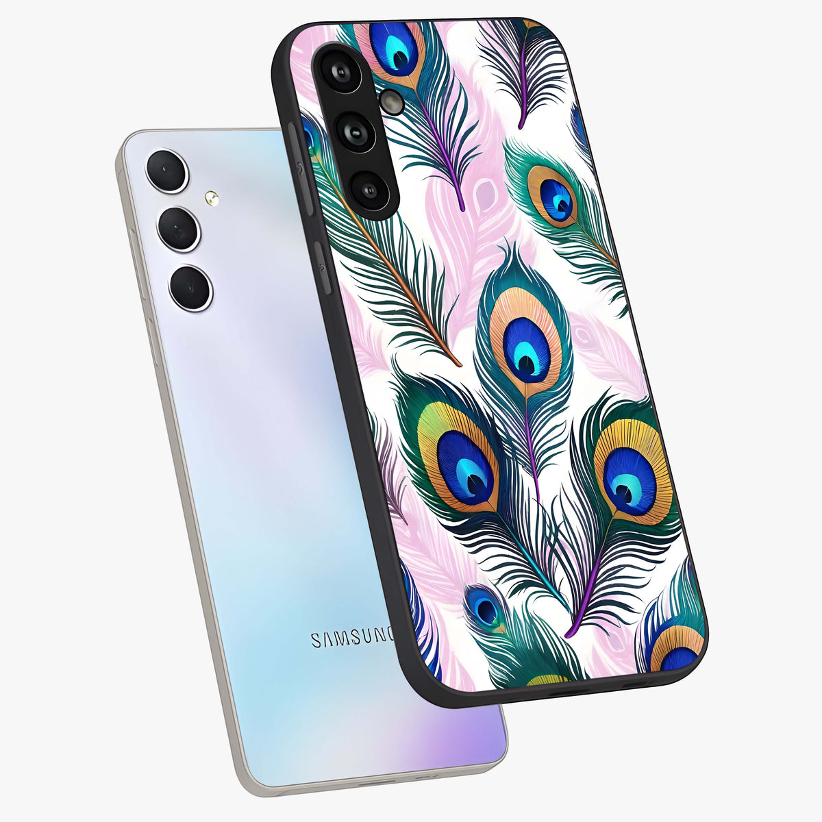 Royal Peacock Feathers Glass Case displayed in angled mockup highlighting vibrant feather pattern with regal aesthetic style.
