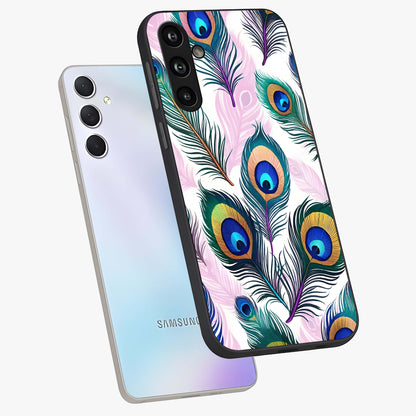 Royal Peacock Feathers Glass Case displayed in angled mockup highlighting vibrant feather pattern with regal aesthetic style.