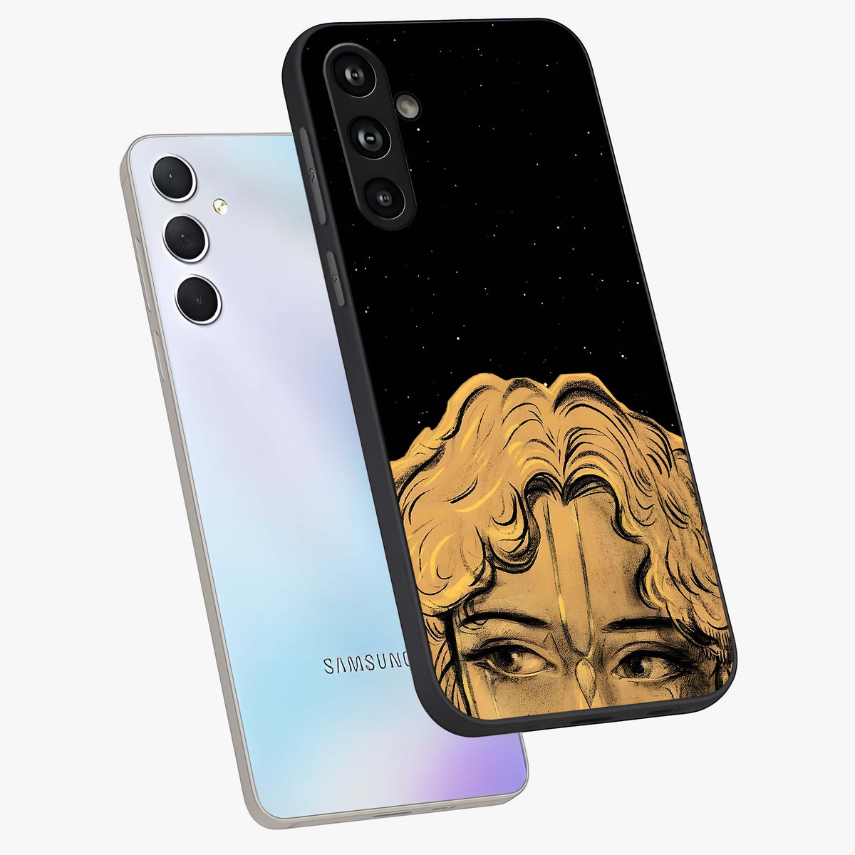 Shri Krishna Art Glass Case displayed in angled mockup highlighting spiritual Krishna illustration with divine aesthetic.