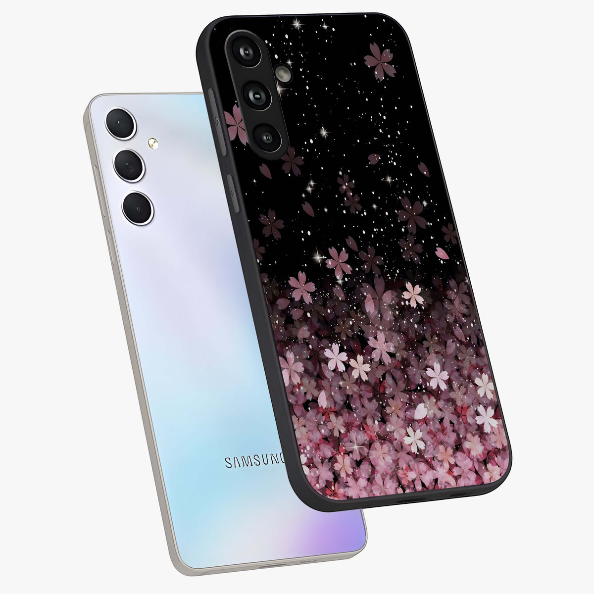 Small Starry Flowers Glass Case displayed in angled mockup highlighting tiny flower pattern with celestial aesthetic style.