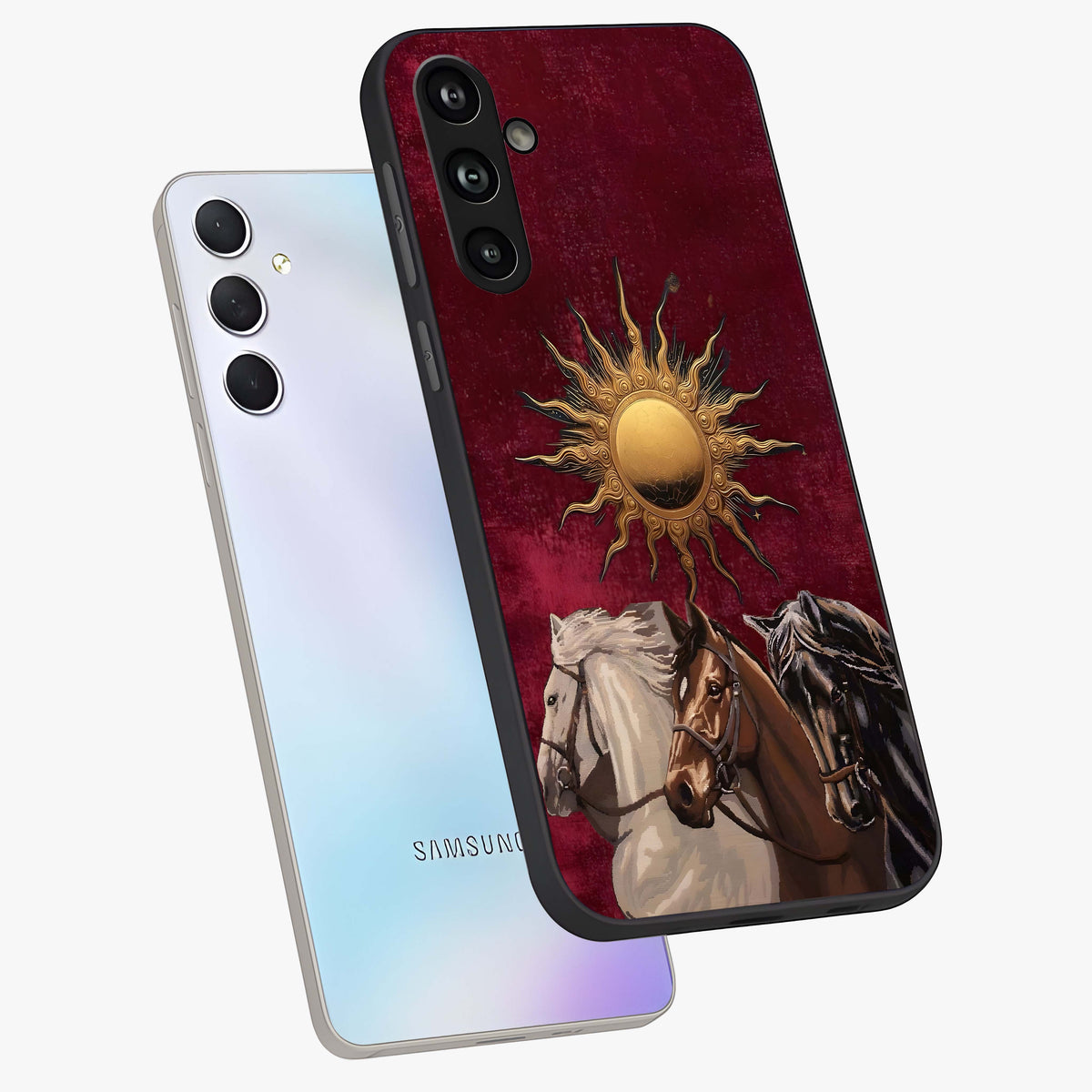Solar Riders Glass Case displayed in angled mockup highlighting powerful rider illustration with radiant solar aesthetic.