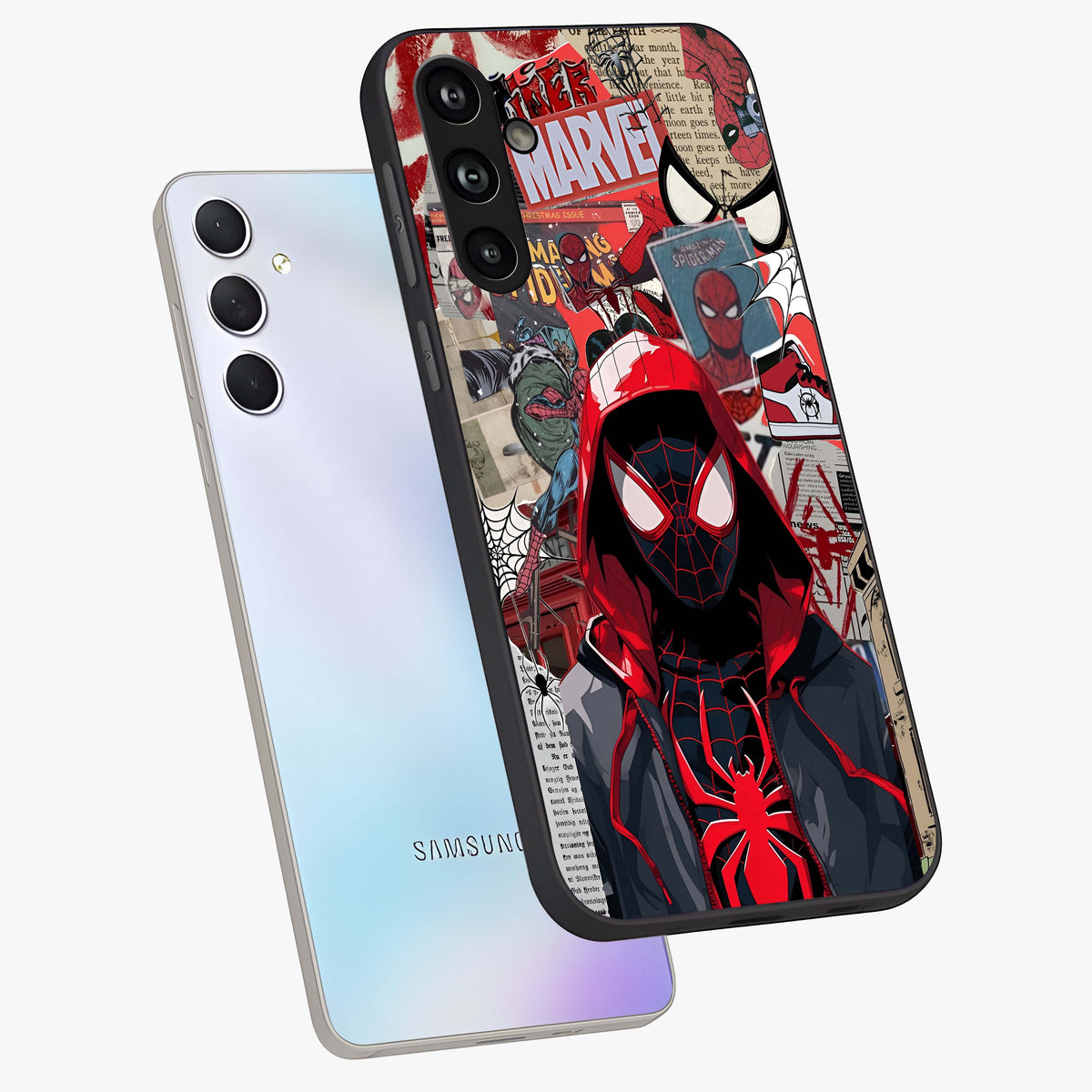 Spider Collage Street Glass Case displayed in angled mockup highlighting dynamic street style collage design with comic aesthetic.
