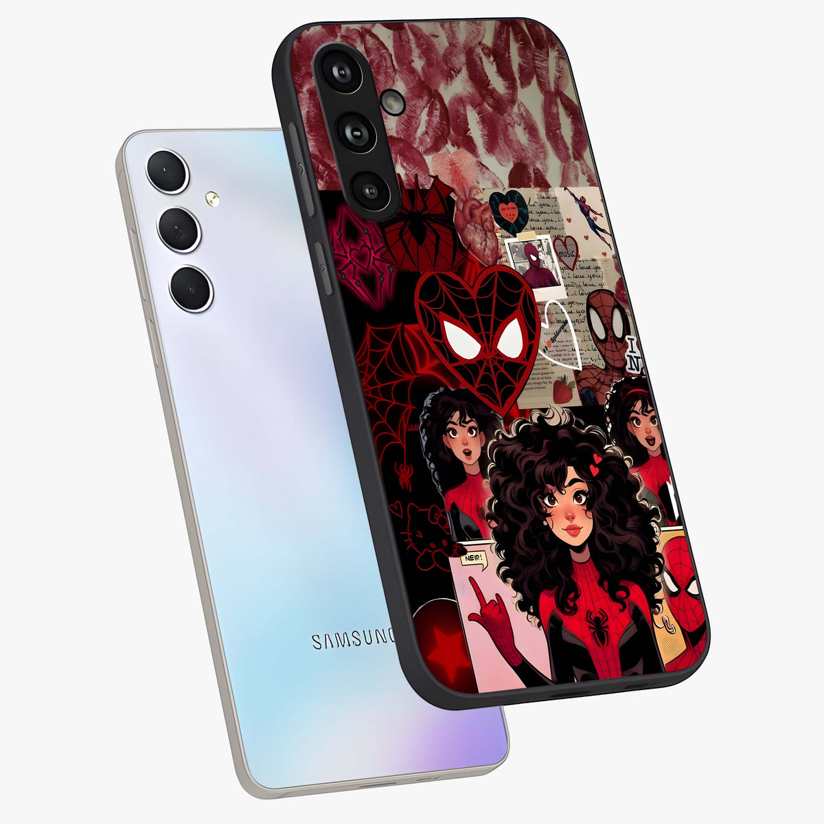 Spider Love Story Glass Case displayed in angled mockup highlighting expressive comic inspired design with playful aesthetic.