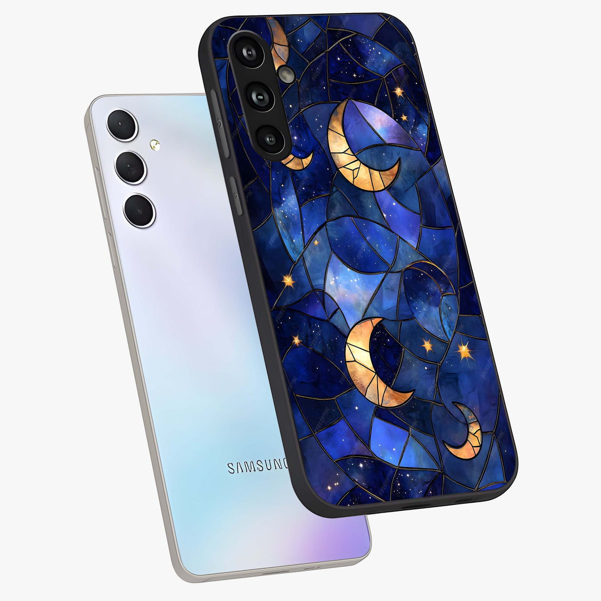 Starlit Sky Tapestry Glass Case displayed in angled mockup highlighting celestial night pattern with artistic aesthetic style.