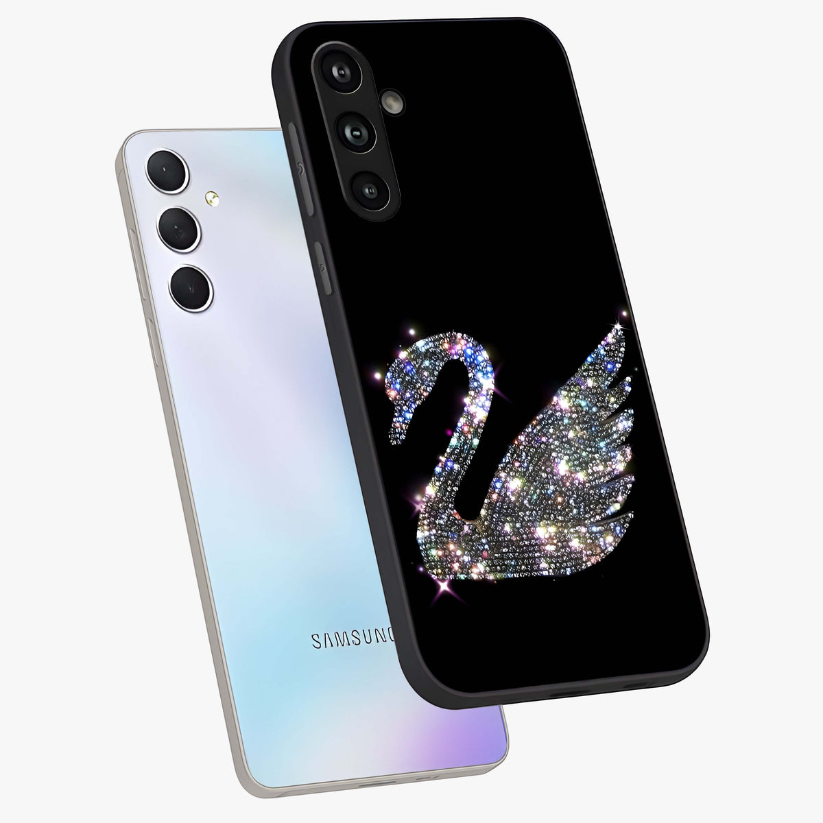 Starlit Swan Grace Glass Case displayed in angled mockup highlighting elegant swan illustration with dreamy celestial aesthetic.