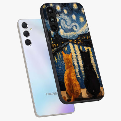 Starry River Cats Glass Case displayed in angled mockup highlighting charming feline illustration with dreamy night aesthetic.