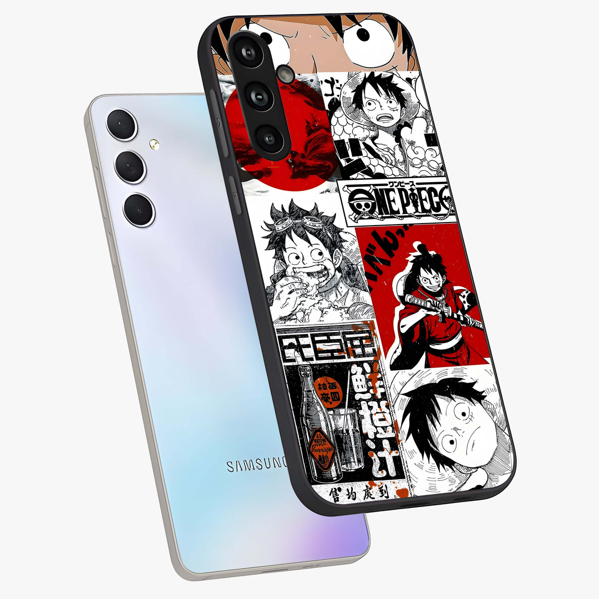 Strawhat Chaos Panels Glass Case displayed in angled mockup highlighting vibrant anime collage design with action aesthetic.