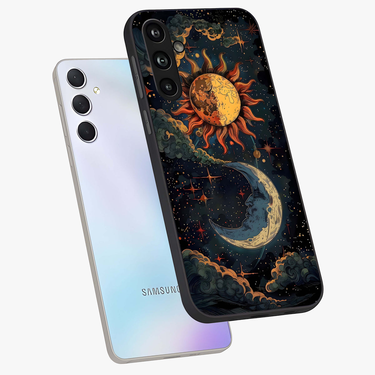Sun And Moon Magic Design Glass Case displayed in angled mockup highlighting celestial design with magical cosmic aesthetic.