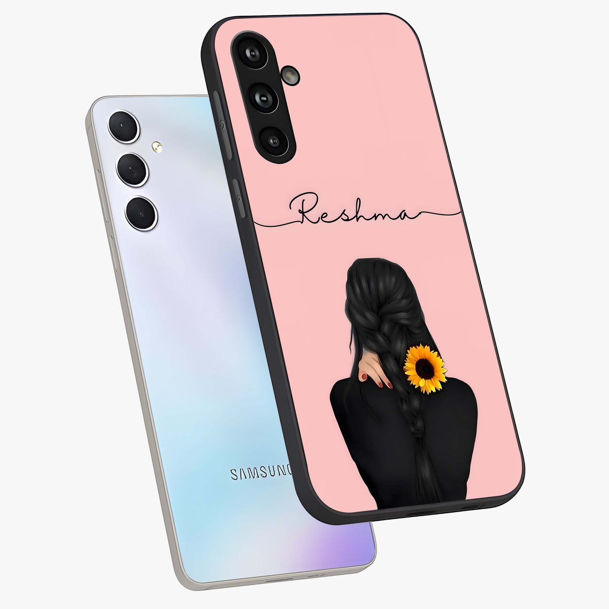 Sunflower Braid Beauty With Custom Name Glass Case displayed in angled mockup highlighting elegant sunflower design with custom name feature.