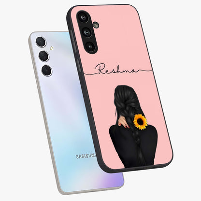 Sunflower Braid Beauty With Custom Name Glass Case displayed in angled mockup highlighting elegant sunflower design with custom name feature.
