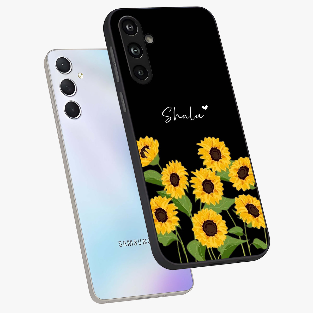 Sunflower Chic Mood Custom Name Glass Case displayed in angled mockup highlighting vibrant sunflower design with custom name feature.