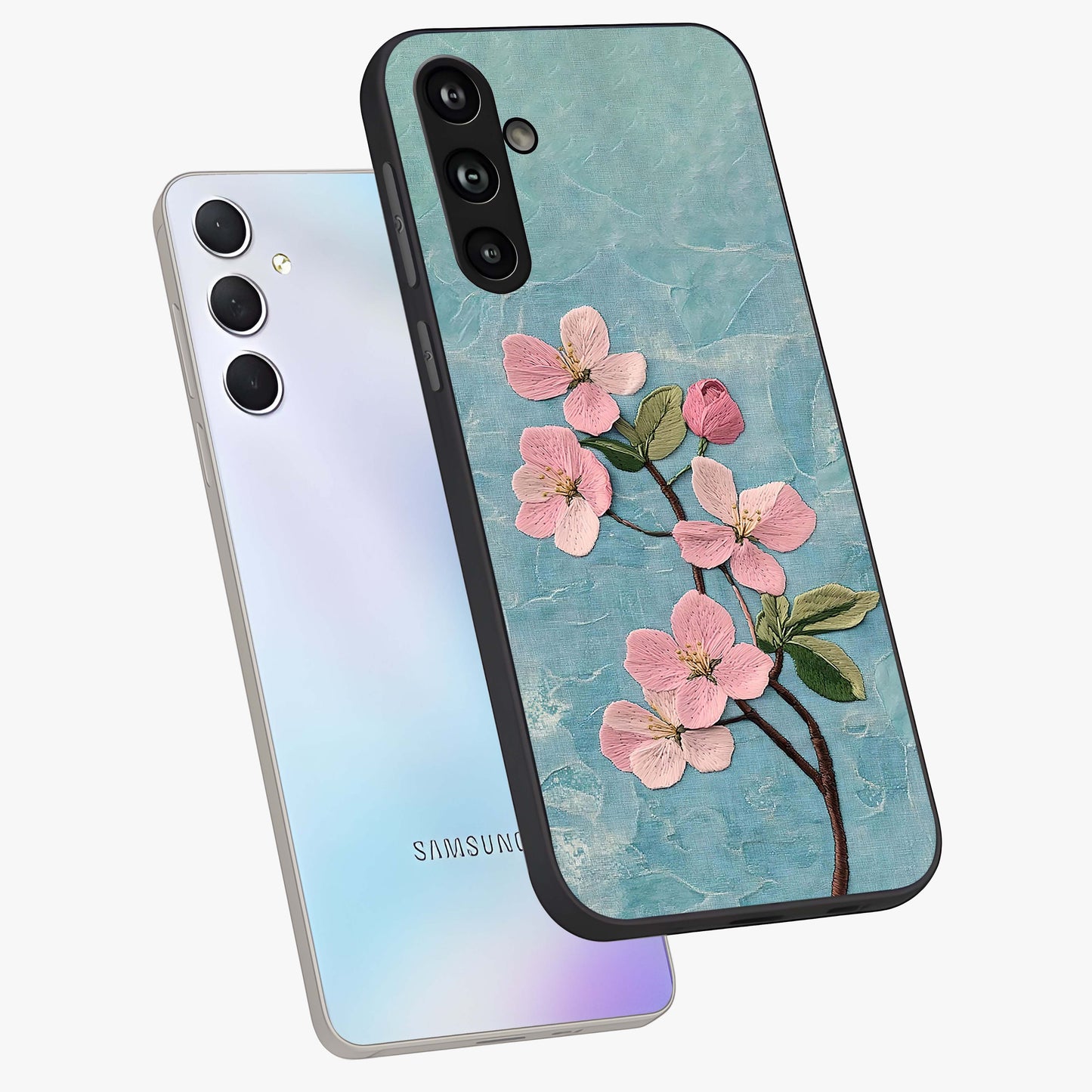 Threaded Blossom Breeze Glass Case displayed in angled mockup highlighting elegant floral design with soft aesthetic style.